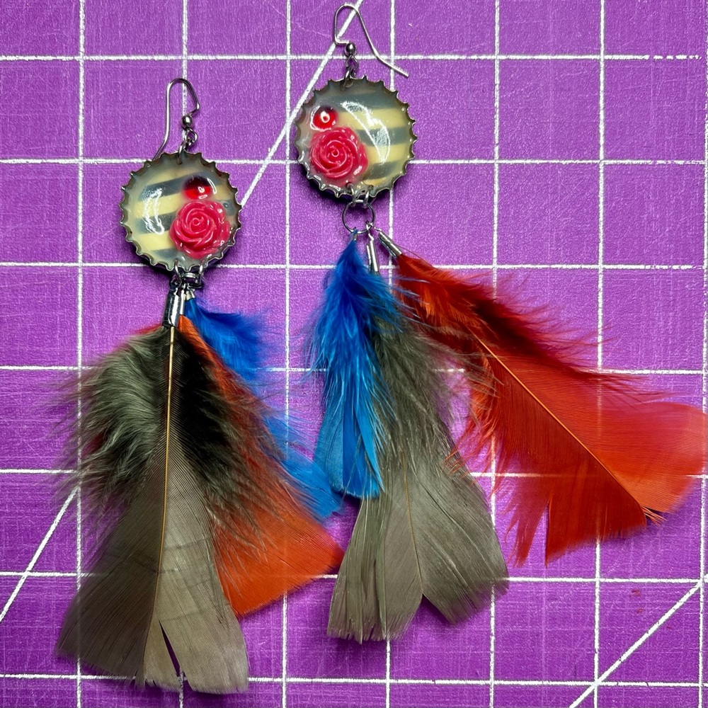 Bottlecap and Feather Earrings 🪶